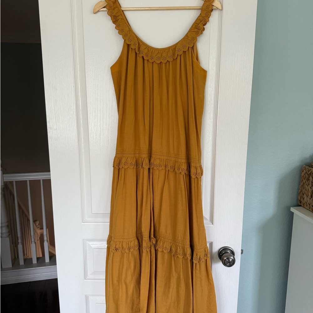 THE GREAT. Mustard Yellow Lace Trim Maxi Dress